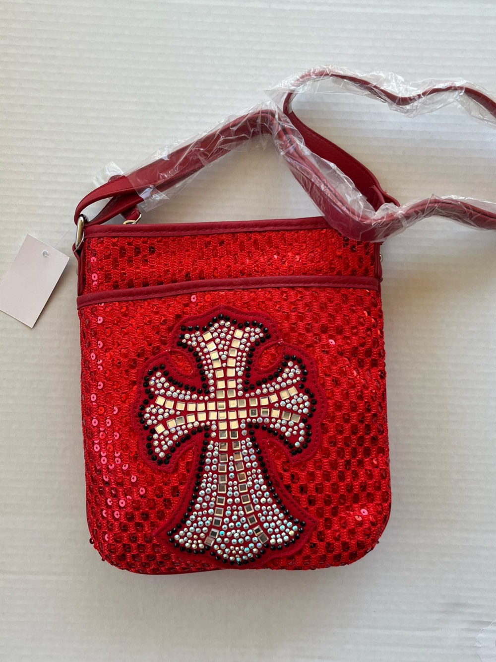Red Sequin Cross Crossbody Bag with Rhinestone Detail